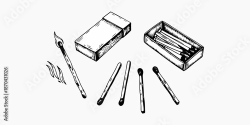 A vintage sketch depicting an open matchbox several matches and a lit flame