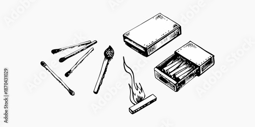 Sketch of matches a matchbox and a burning flame in monochrome style