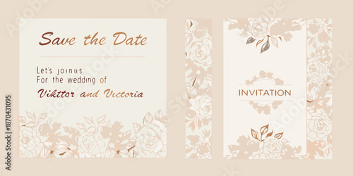 Elegant wedding invitation suite with floral designs and romantic beige tones
