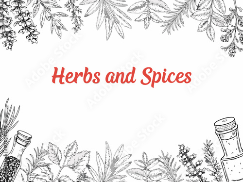 Herbs and spices botanical illustration with decorative leaves and botanical elements