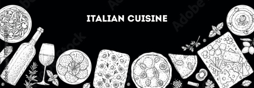 Italian cuisine top view frame. Italian food. Vector drawing illustration. Set of sketches of Italian dishes. Food menu design template. Not AI generated.