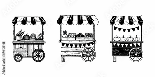 Three vintage market stalls with produce and decorative autumn elements