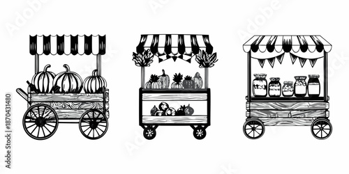 Vintage market carts displaying pumpkins preserves and autumn harvest goods