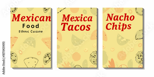 Colorful banners advertising mexican food tacos and nacho chips with avocado illustrations