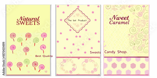 Three decorative candy shop banner designs featuring sweets and pastel colors