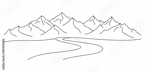 A winding road leads toward a range of sketched mountains