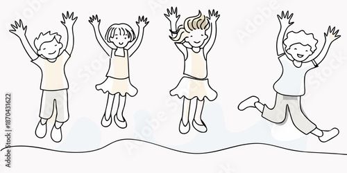 Joyful children jumping with arms raised in a simple sketched illustration
