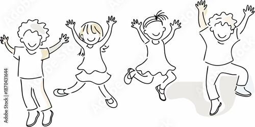 Joyful children leaping with arms raised in a cheerful sketched illustration