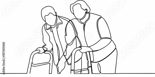 Line art illustration of an elderly woman being assisted by a younger person