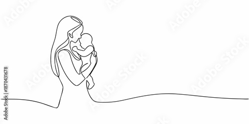 A tender moment continuous line drawing of mother holding her baby
