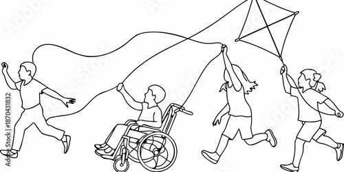 Children enjoying a day flying a kite including a child in a wheelchair