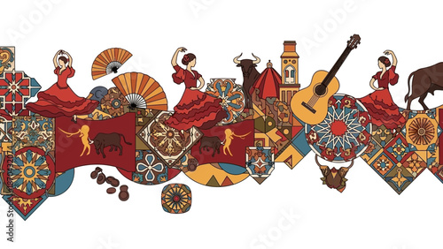 Spanish Flamenco Dancer, Bull, Guitar, and Tile Pattern Border