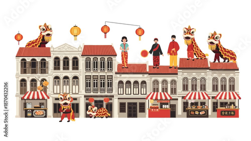Chinese New Year Celebration, Lion Dance, Traditional Buildings, Lanterns