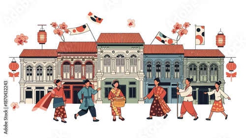 Asian Street Scene: People in Traditional Clothes, Old Buildings, Lanterns