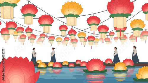 Lotus lanterns floating on water, women in traditional Korean hanbok