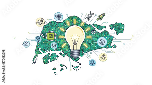 Singapore Innovation Map: Lightbulb Idea, Technology, Brain, Rocket