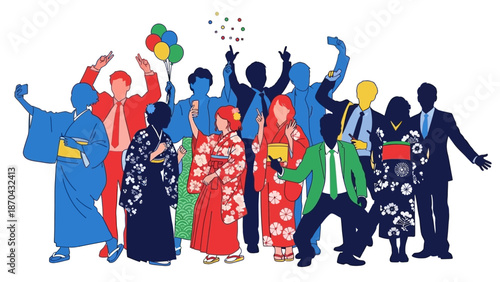 Diverse group celebrating with confetti and balloons, Japanese kimonos