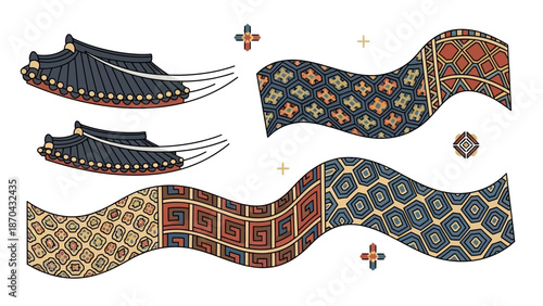 Korean Traditional Patterns and Roof Tiles Illustration