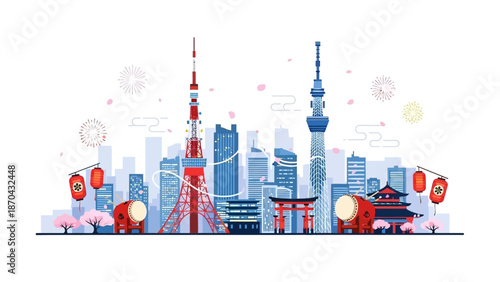 Tokyo skyline with Tokyo Tower and Skytree, Japan landmarks