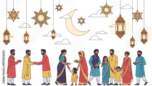 Indian Family Celebrating Together with Traditional Decorations