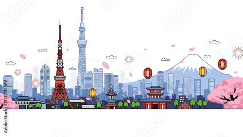 Tokyo Skyline with Mt Fuji and Cherry Blossoms Vector Illustration