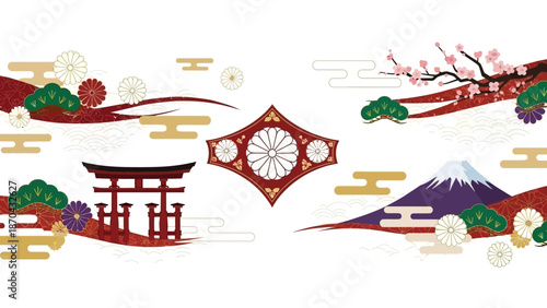 Japanese New Year Decoration with Torii Gate, Mt Fuji, Cherry Blossom