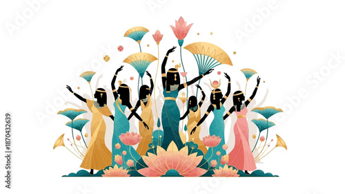 Ancient Egyptian Women Dancing with Lotus Flowers and Fans