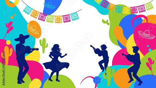 Mexican Fiesta Celebration with Dancing Silhouettes and Music