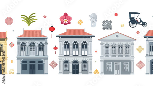 Asian Shophouses, Orchid, Rickshaw, Singapore Landmark Icons