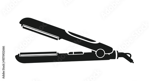 A sleek and modern hair straightening iron depicted in a stark black silhouette