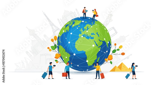 Global Travel and Tourism Concept with People and Landmarks