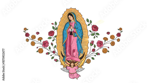 Our Lady of Guadalupe with Roses and Angel - Religious Iconography