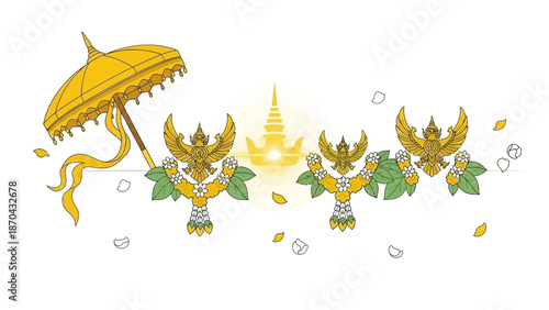 Thai Royal Symbols: Garuda, Umbrella, Temple Icon, Leaves, Petals