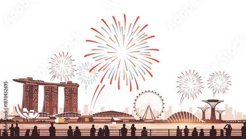 Singapore Skyline with Fireworks and Marina Bay Sands