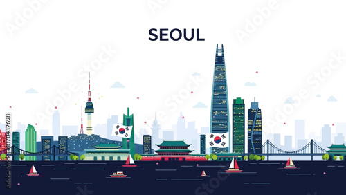 Seoul Skyline Cityscape with Korean Flag and Namsan Tower