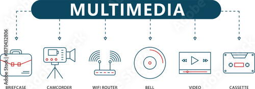 Multimedia and Communication Infographic Monoline Icons for Camcorder, WiFi, Video Player, and Cassette for Media Business Presentations