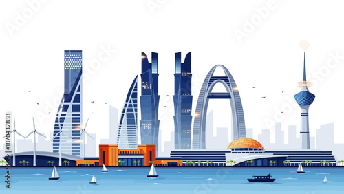 Modern City Skyline with Futuristic Skyscrapers and Wind Turbines