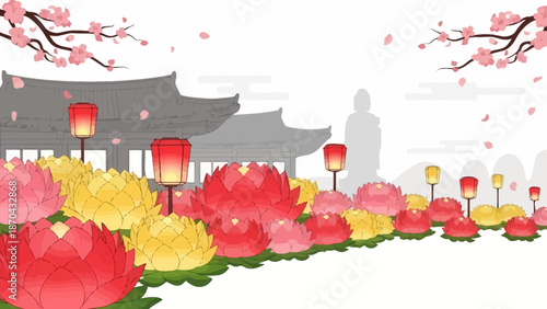 Zen Garden: Lotus Lanterns, Pagoda & Buddha Silhouette, Cherry Blossoms