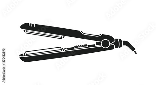 A detailed black and white illustration of a modern hair straightening iron a sleek silhouette