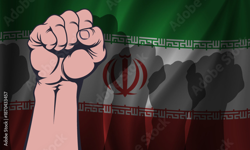 Vector wavy national flag of Islamic Republic of Iran. Iranian banner. Male clenched fist and shadows