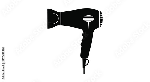 A strikingly simple black and white illustration depicting a hair dryer in a bold silhouette