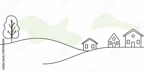 Simple line drawing of a landscape with houses hills and a tree