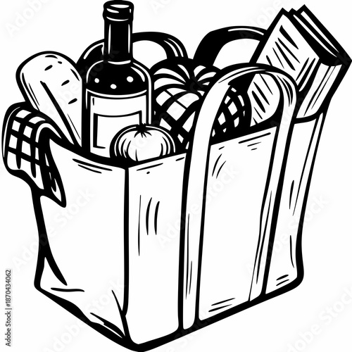 A detailed sketch of a wicker picnic basket filled with food and drink