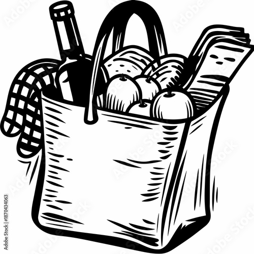 A charming picnic basket filled with bread fruit and a wine bottle