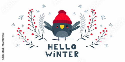 Cute winter bird illustration with a red hat and festive greetings