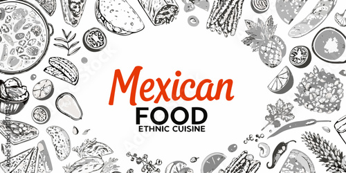 A detailed sketch arrangement of various traditional mexican foods and ingredients