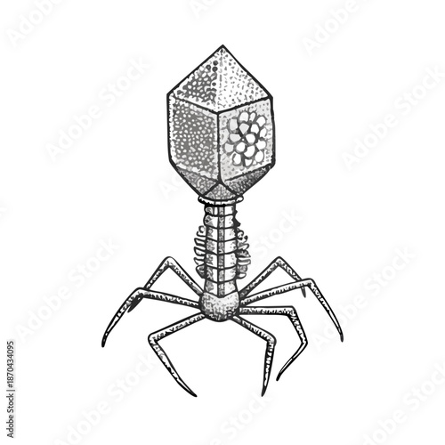 Detailed illustration of a bacteriophage virus with a complex structure
