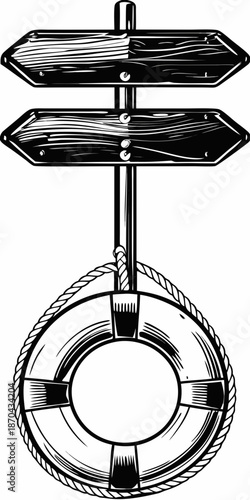 Vintage nautical direction signpost with rope and life preserver illustration