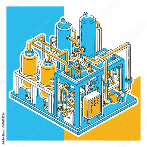 An isometric illustration of an industrial water treatment plant with complex piping and tanks, symbolizing purification processes.
