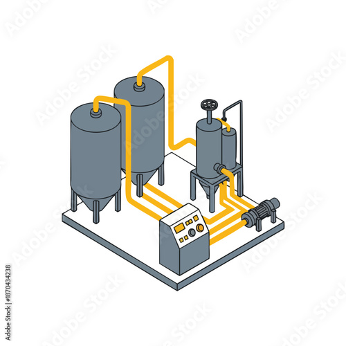 Industrial processing plant with tanks pipes and control panel for manufacturing and production.
